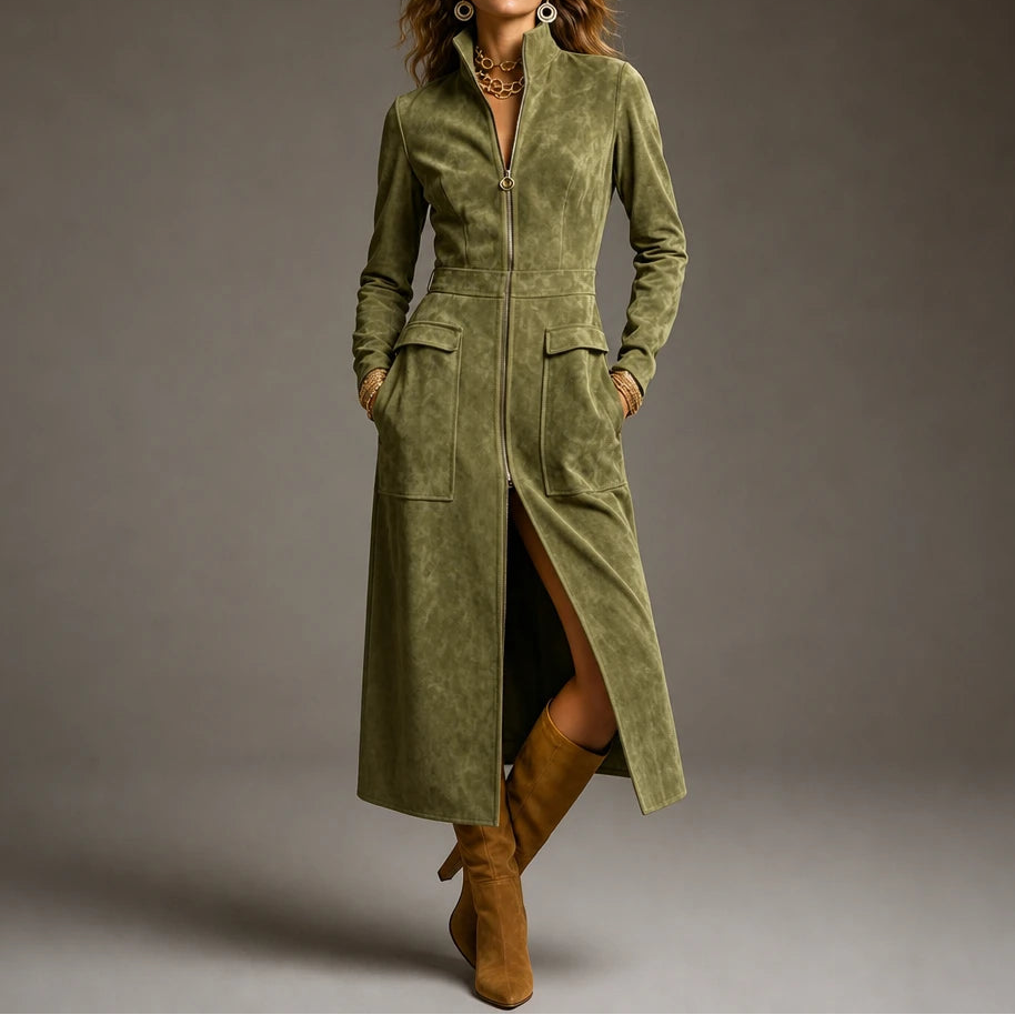 Women's Long Coat with Stand Collar | Oversized Knit - Olive Green