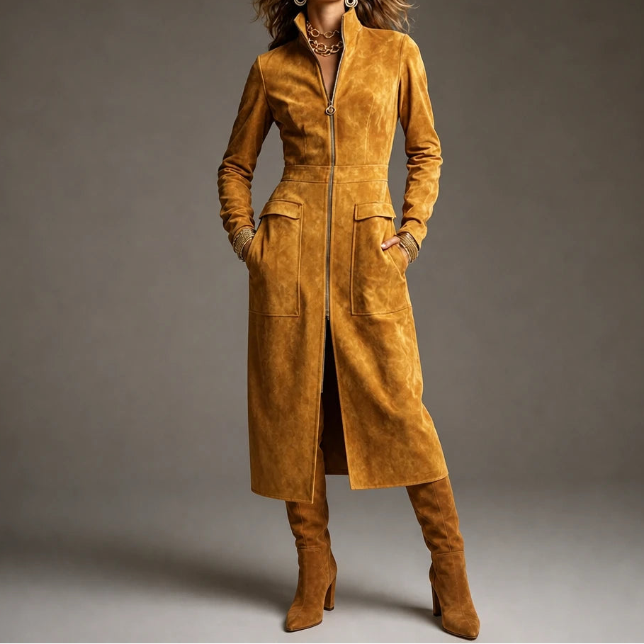 Women's Long Coat with Stand Collar | Oversized Knit - Yellow
