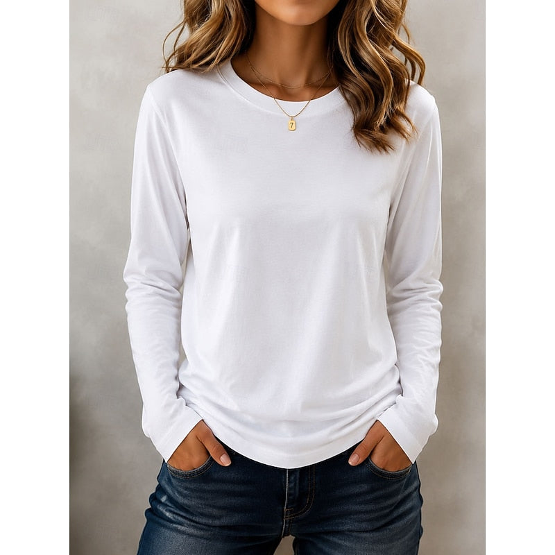 Women's Long Sleeve Crew Neck Top | Casual Tops - White