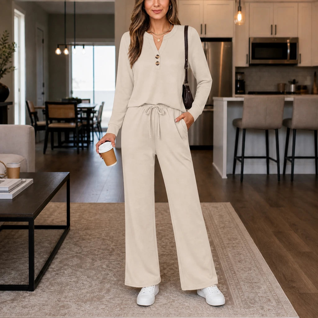 Women's Matching Lounge Set | Wide-Leg Pants and Top - Beige