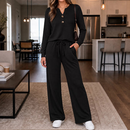 Women's Matching Lounge Set | Wide-Leg Pants and Top - Black