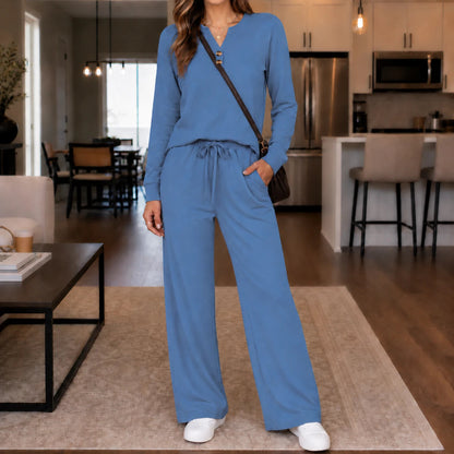 Women's Matching Lounge Set | Wide-Leg Pants and Top - Blue