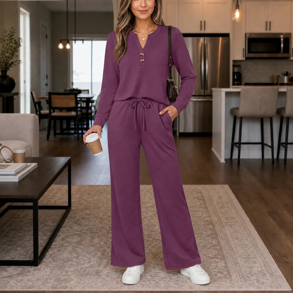Women's Matching Lounge Set | Wide-Leg Pants and Top - Mauve Purple