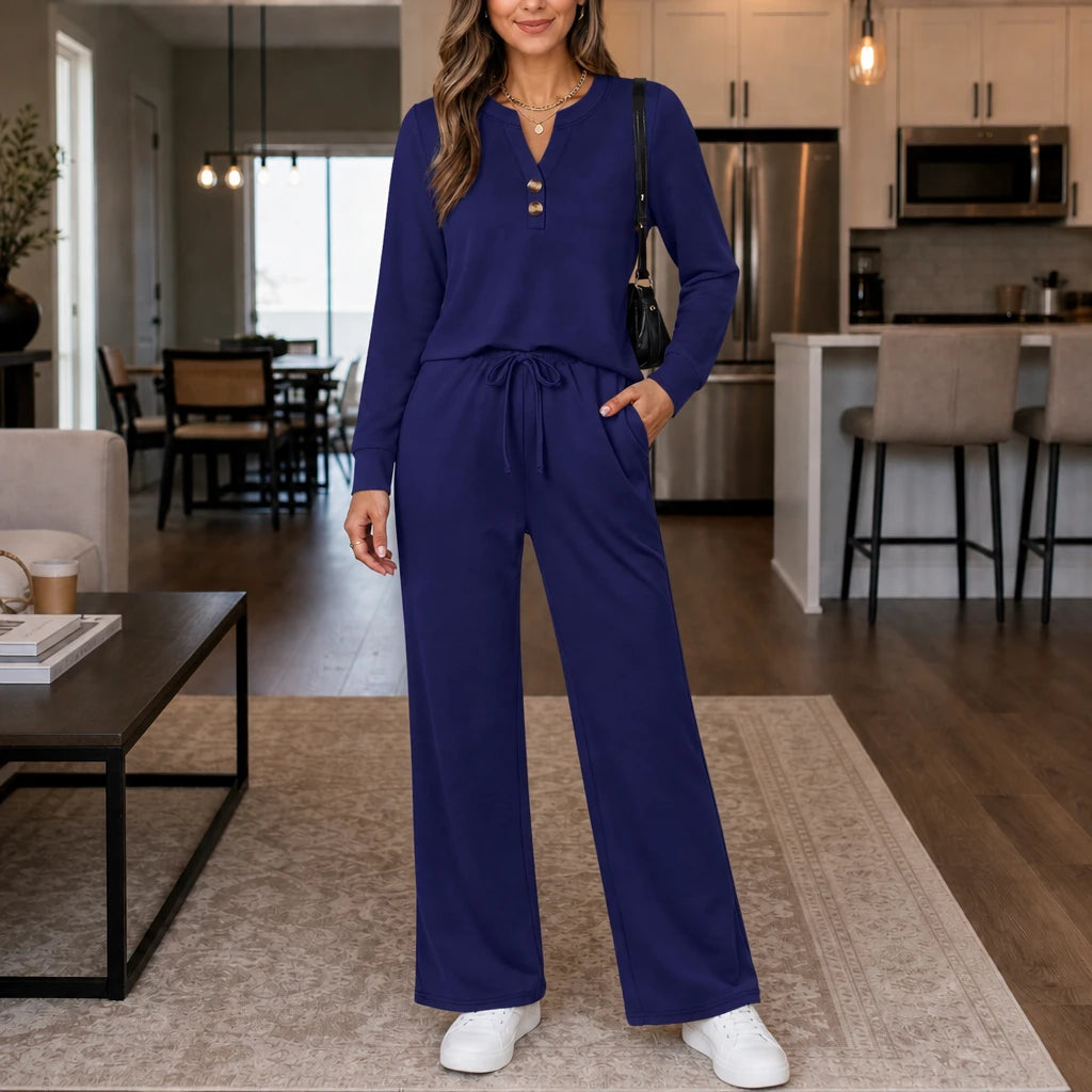 Women's Matching Lounge Set | Wide-Leg Pants and Top - Navy