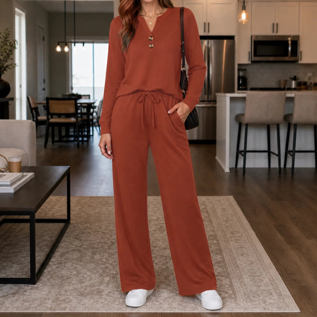 Women's Matching Lounge Set | Wide-Leg Pants and Top - Rust
