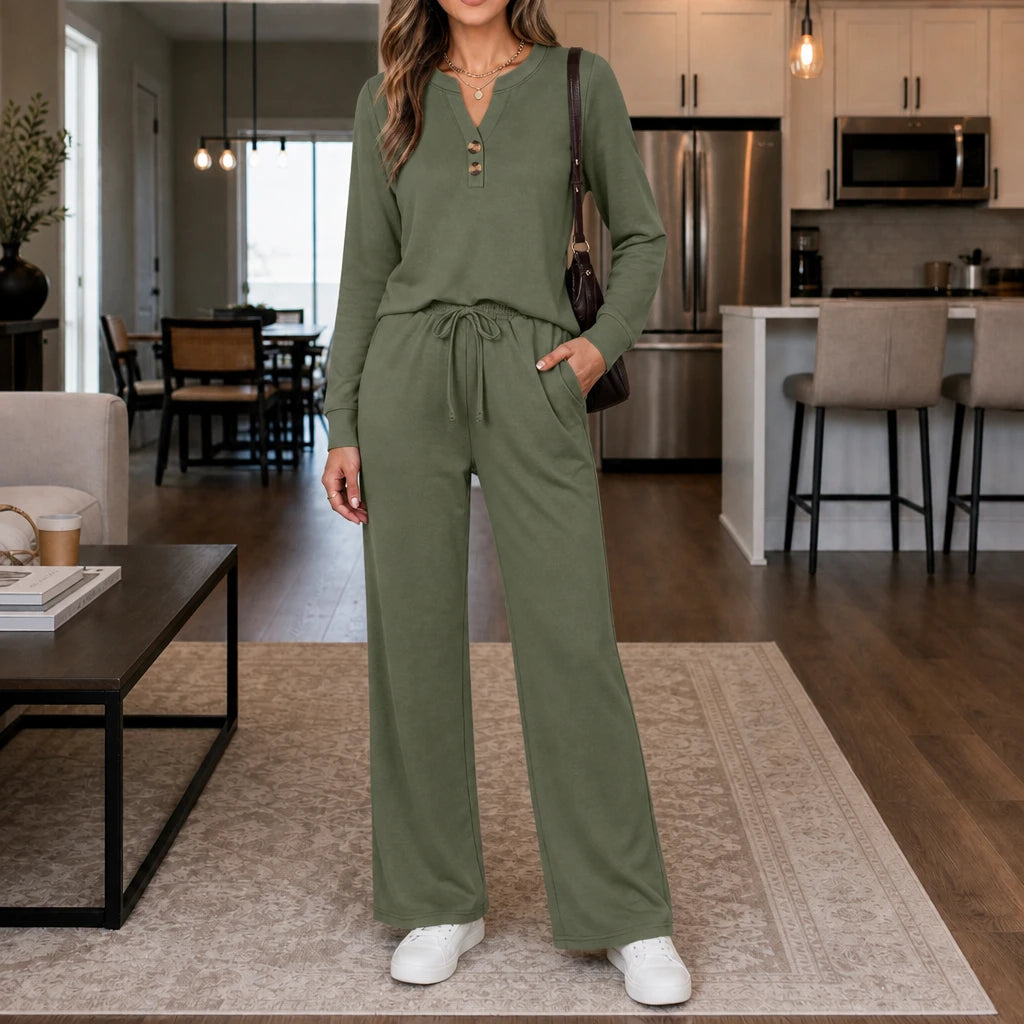 Women's Matching Lounge Set | Wide-Leg Pants and Top - Sage Green