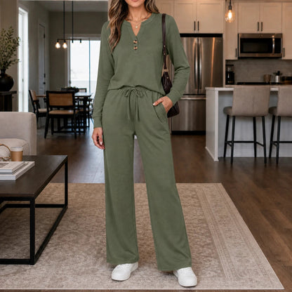 Women's Matching Lounge Set | Wide-Leg Pants and Top - Sage Green