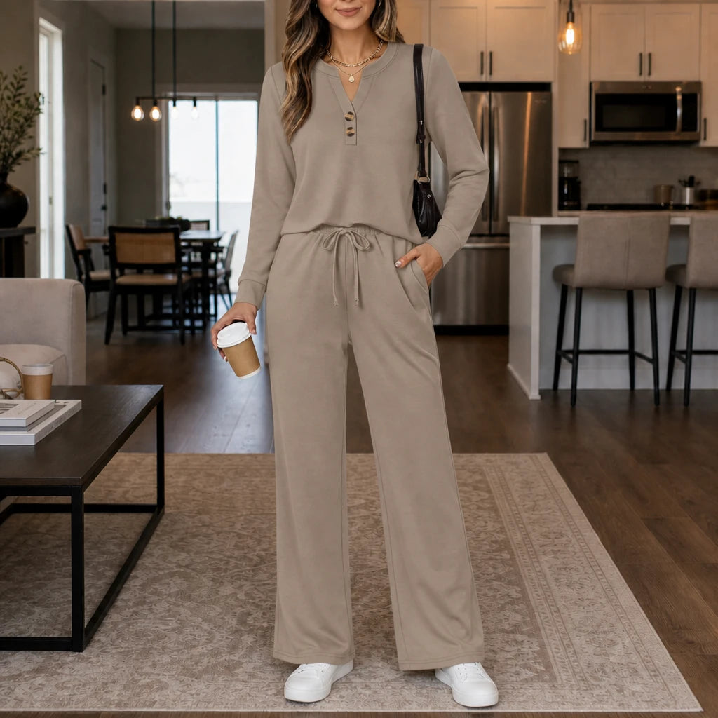 Women's Matching Lounge Set | Wide-Leg Pants and Top - Taupe