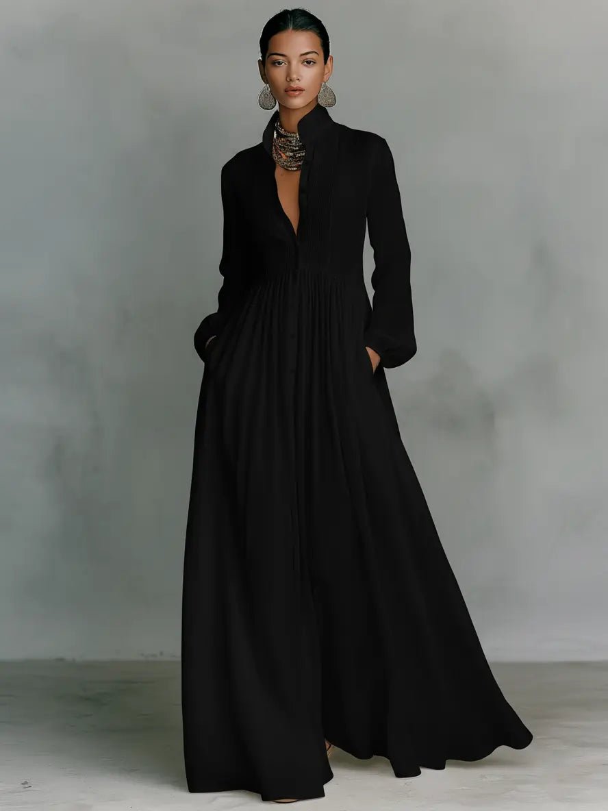 Women's Maxi Dress with Button Front | Casual Evening Dress - Black