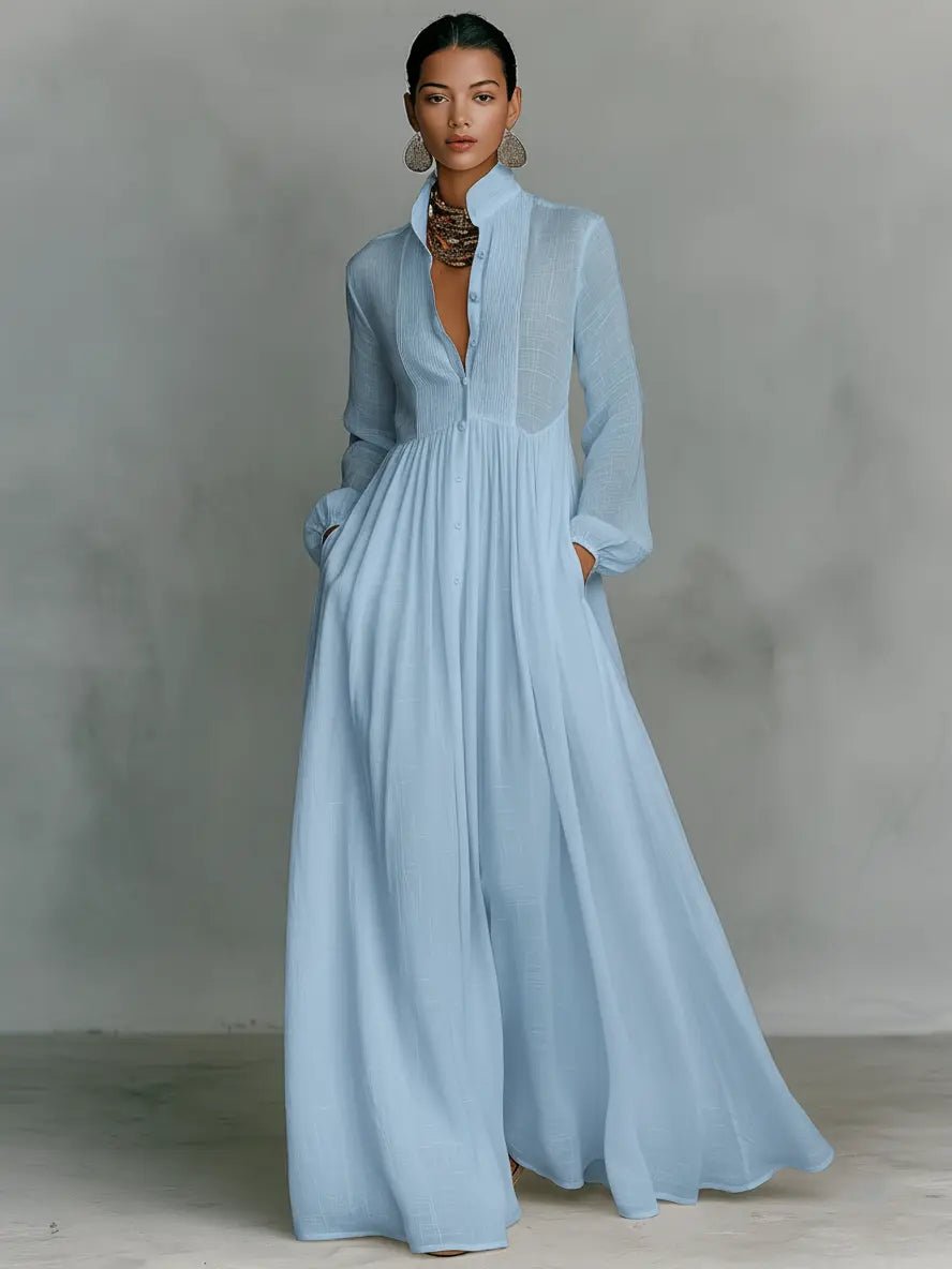 Women's Maxi Dress with Button Front | Casual Evening Dress - Blue