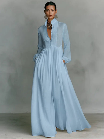 Women's Maxi Dress with Button Front | Casual Evening Dress - Blue