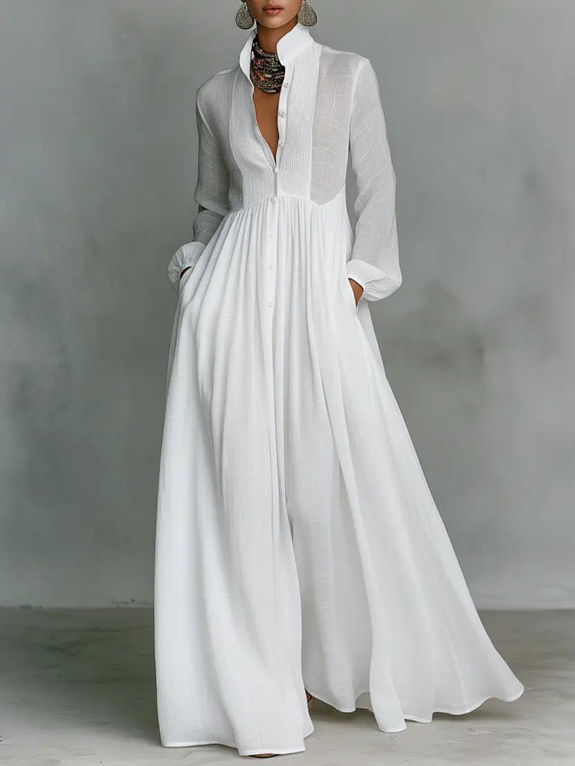 Women's Maxi Dress with Button Front | Casual Evening Dress - White