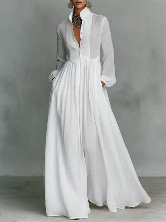 Women's Maxi Dress with Button Front | Casual Evening Dress - White