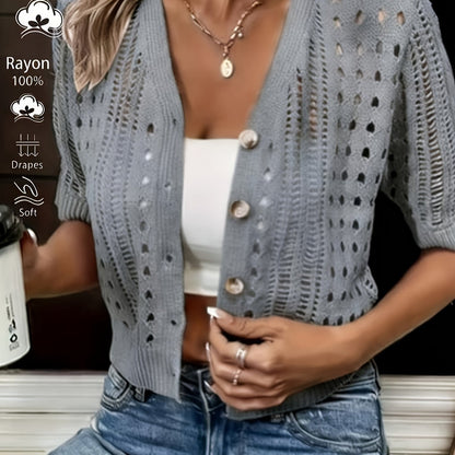 Women's Open-Knit Short-Sleeve Cardigan | Lightweight Cropped Layer - Deep Grey