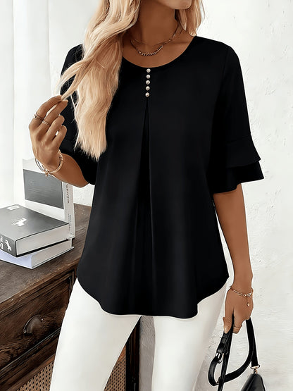 Women's Pleated Flared-Sleeve Blouse | Blouses for Work - Black