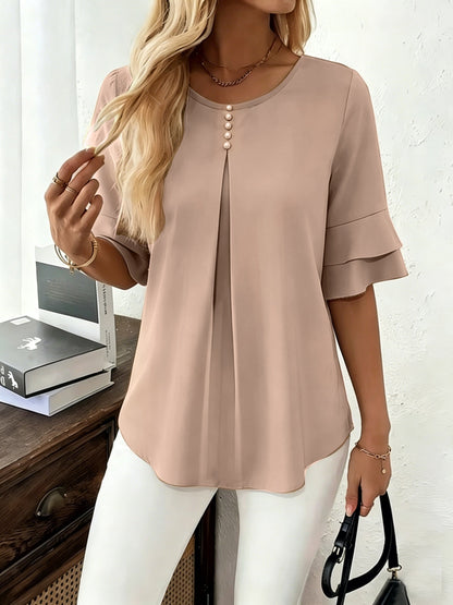 Women's Pleated Flared-Sleeve Blouse | Blouses for Work - Khaki