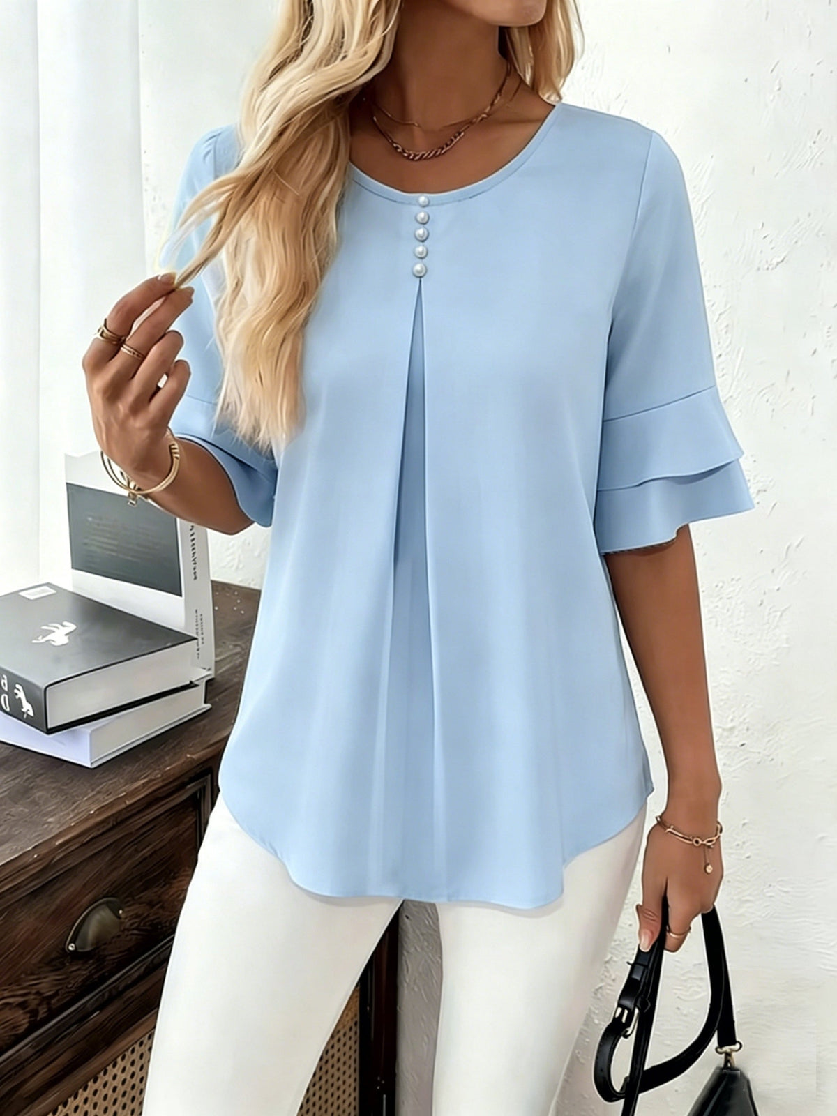 Women's Pleated Flared-Sleeve Blouse | Blouses for Work - Light Blue