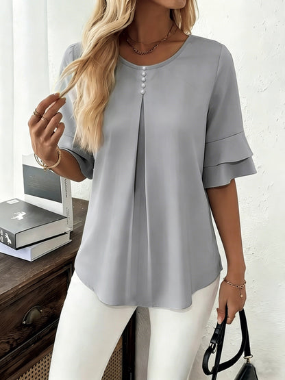 Women's Pleated Flared-Sleeve Blouse | Blouses for Work - Light Grey