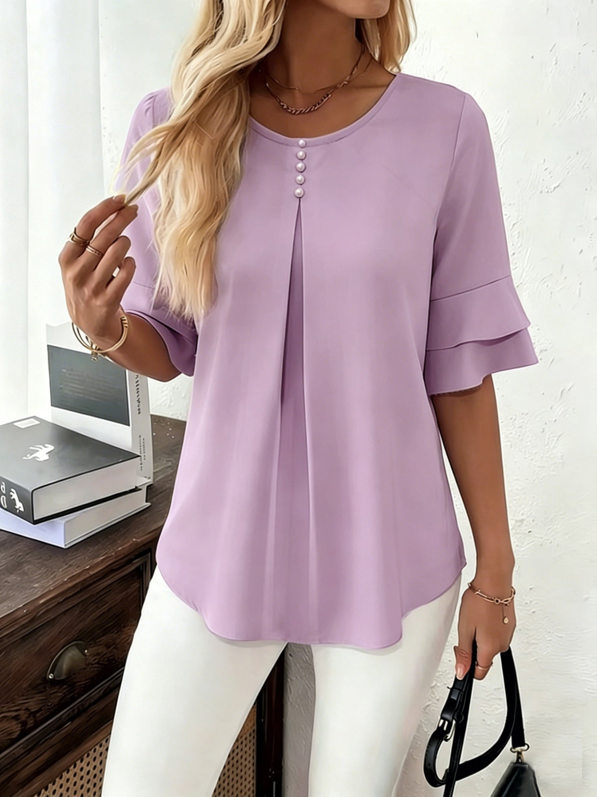 Women's Pleated Flared-Sleeve Blouse | Blouses for Work - Light Purple