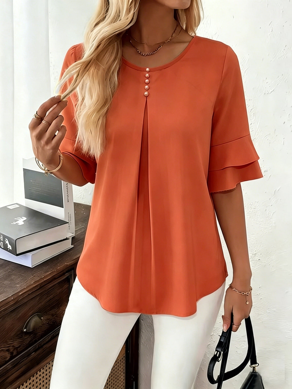 Women's Pleated Flared-Sleeve Blouse | Blouses for Work - Orange Red