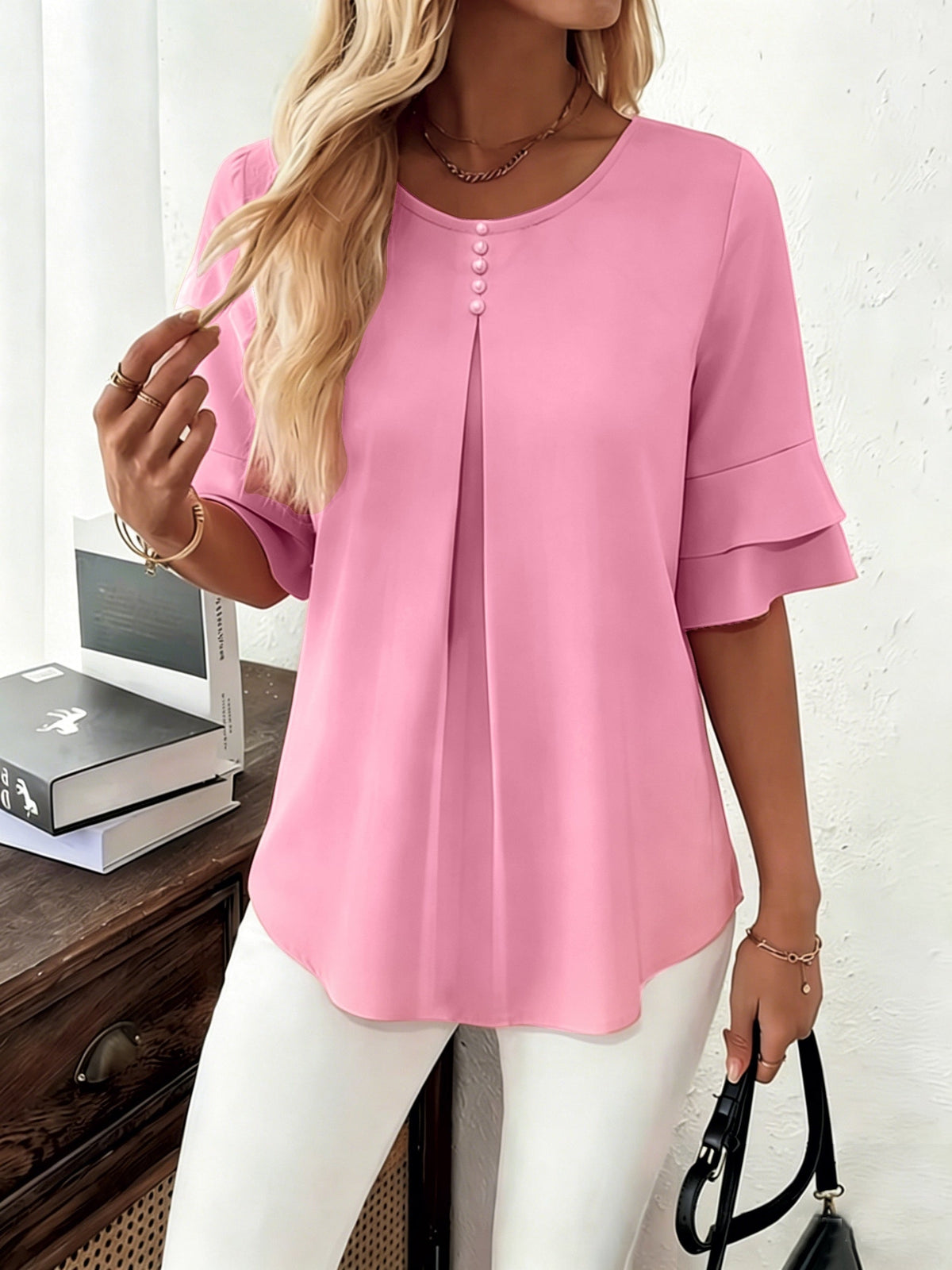 Women's Pleated Flared-Sleeve Blouse | Blouses for Work - Pink
