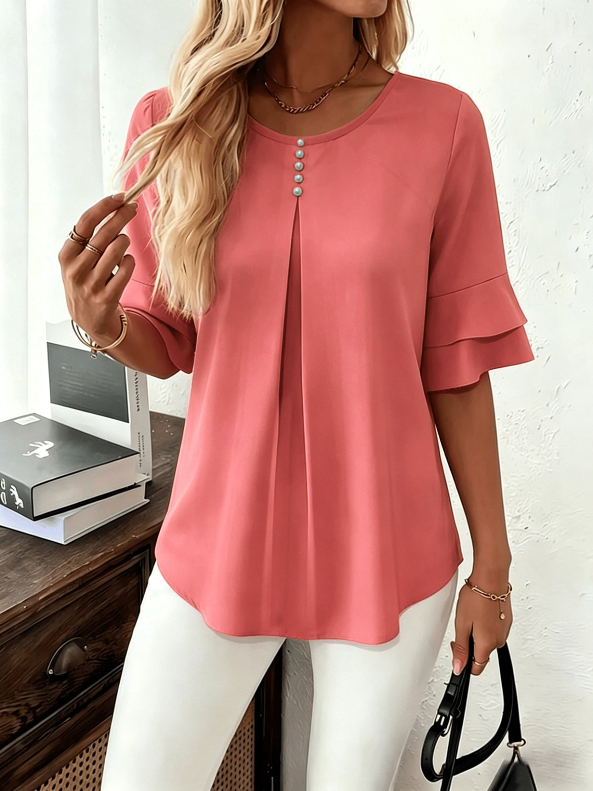 Women's Pleated Flared-Sleeve Blouse | Blouses for Work - Watermelon Red