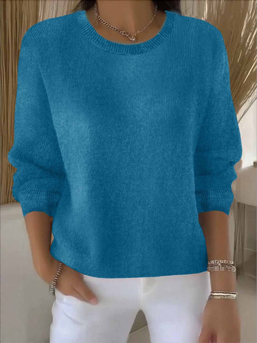 Women's Relaxed Crew Neck Sweater | Soft Everyday Knit - Blue