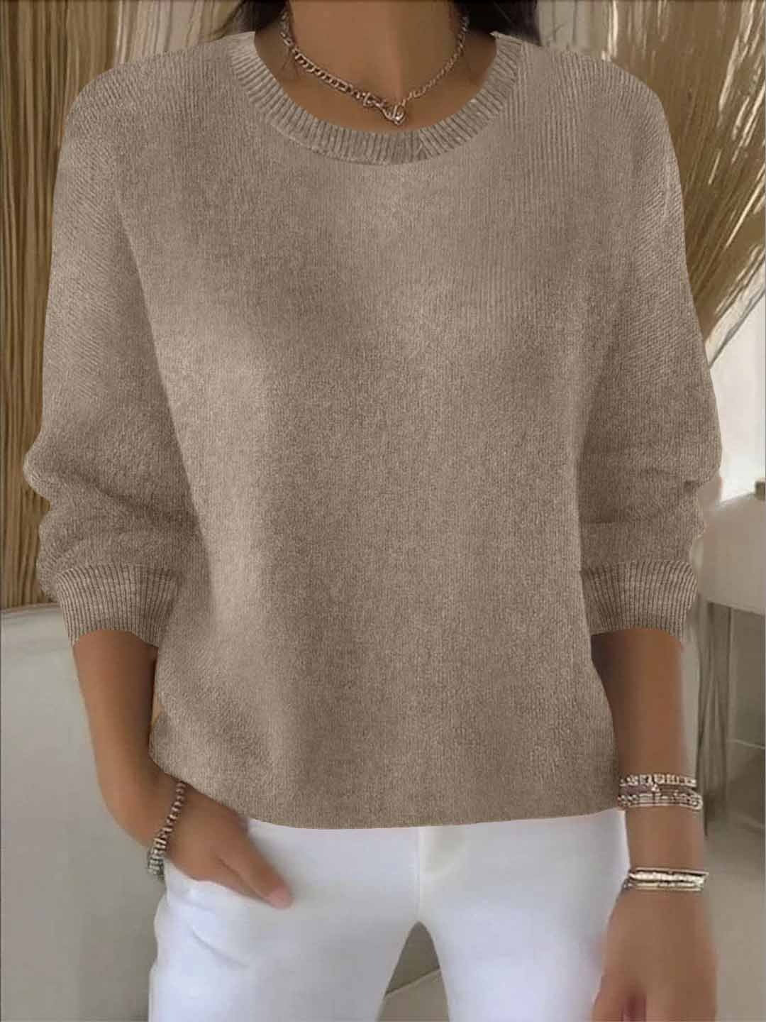 Women's Relaxed Crew Neck Sweater | Soft Everyday Knit - Khaki