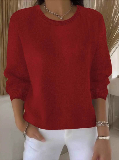 Women's Relaxed Crew Neck Sweater | Soft Everyday Knit - Red