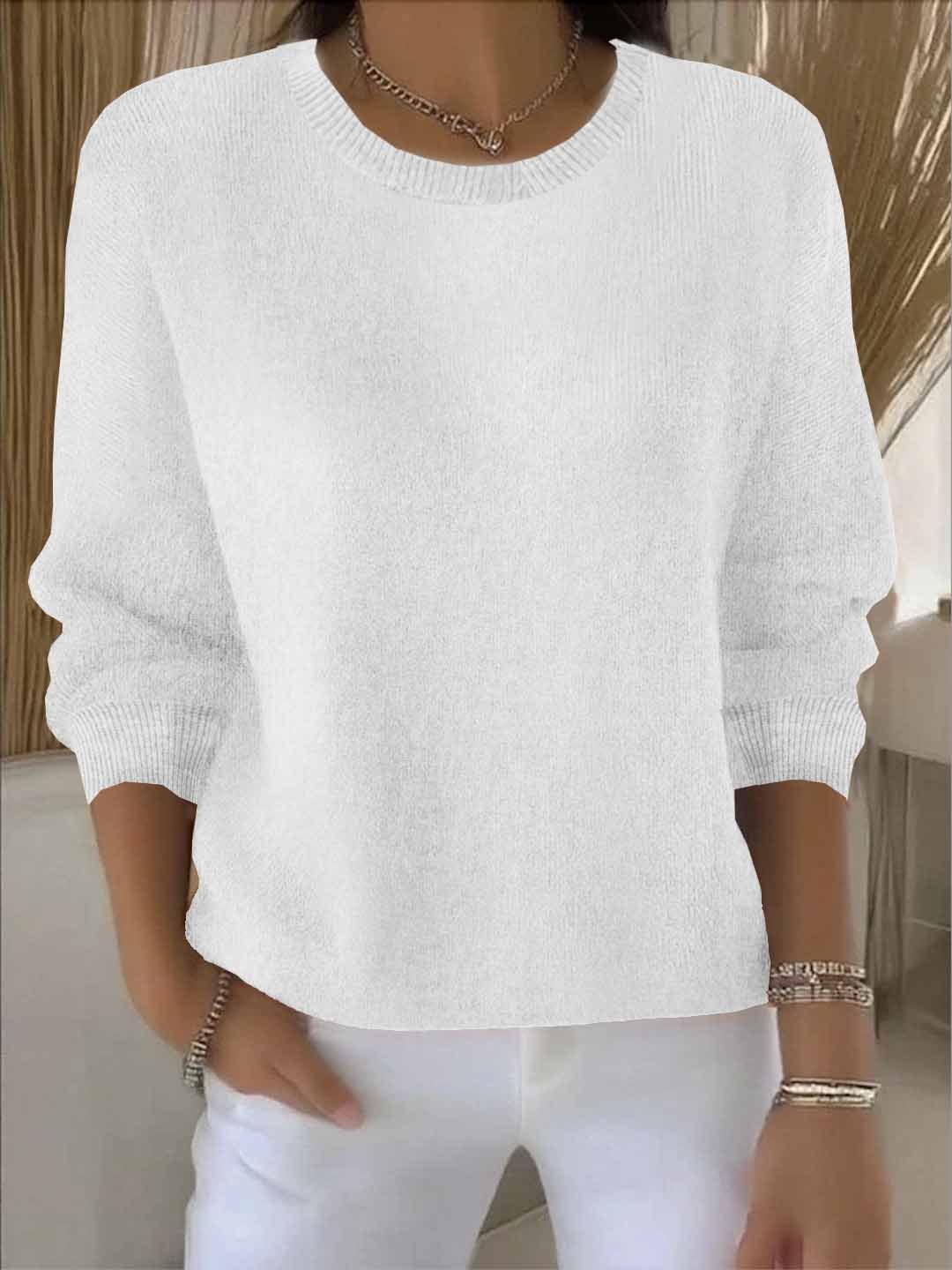 Women's Relaxed Crew Neck Sweater | Soft Everyday Knit - White