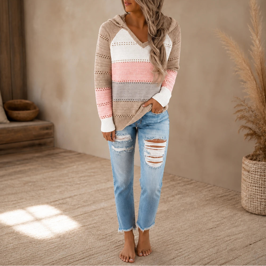 Women's Relaxed Hoodie | Striped Open-Knit Casual Hoodie - Brown