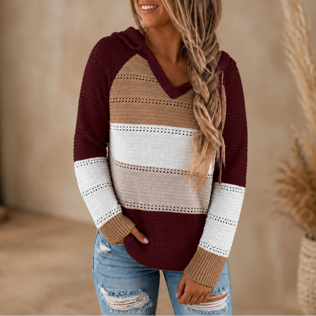 Women's Relaxed Hoodie | Striped Open-Knit Casual Hoodie - Burgundy