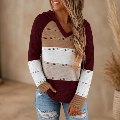 Women's Relaxed Hoodie | Striped Open-Knit Casual Hoodie - Burgundy