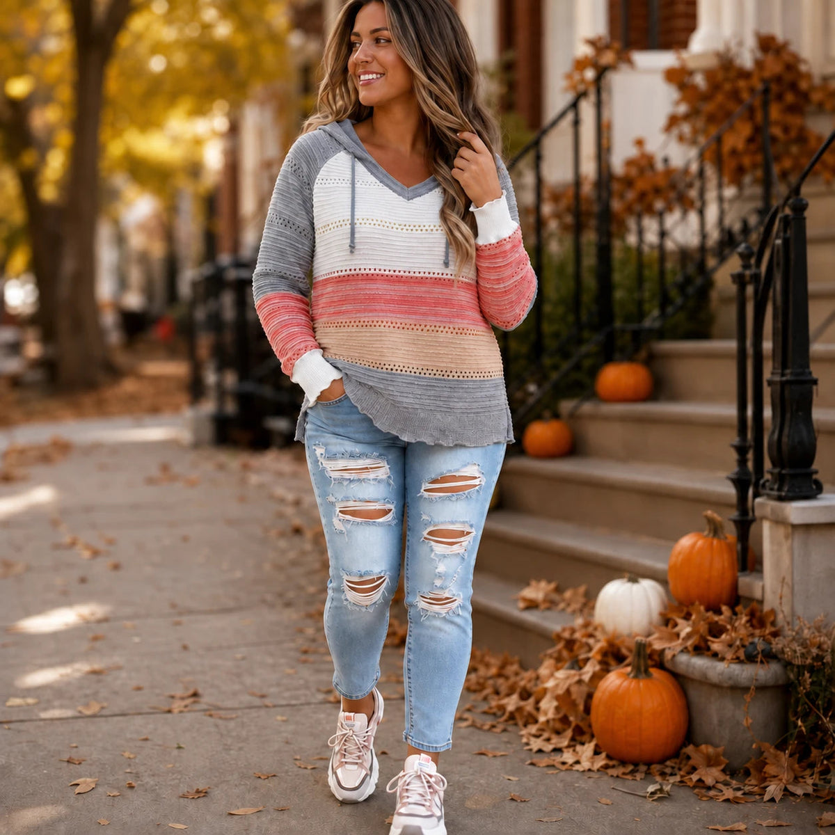 Women's Relaxed Hoodie | Striped Open-Knit Casual Hoodie