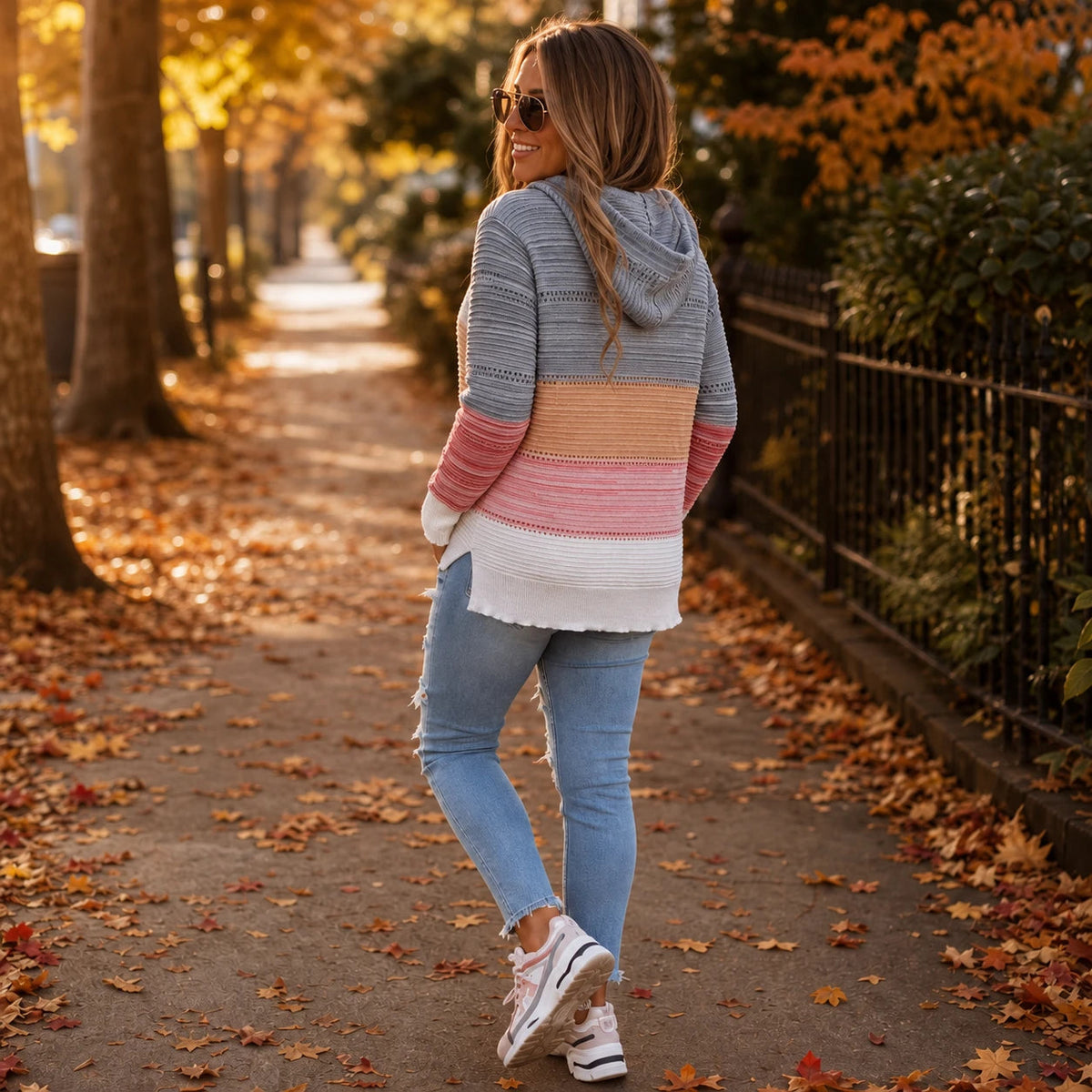 Women's Relaxed Hoodie | Striped Open-Knit Casual Hoodie
