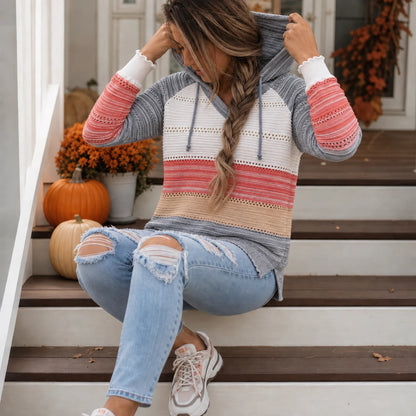 Women's Relaxed Hoodie | Striped Open-Knit Casual Hoodie