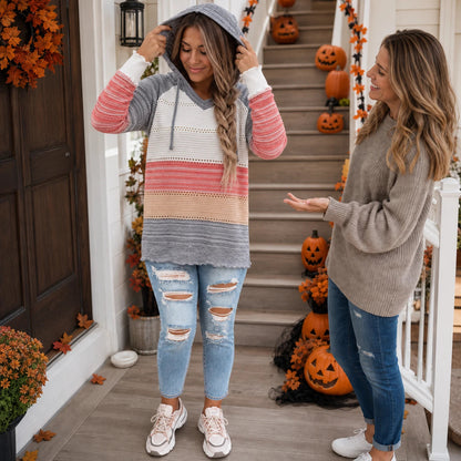Women's Relaxed Hoodie | Striped Open-Knit Casual Hoodie