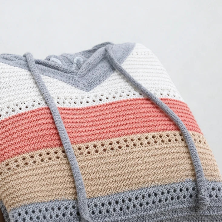 Women's Relaxed Hoodie | Striped Open-Knit Casual Hoodie