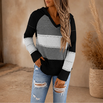 Women's Relaxed Hoodie | Striped Open-Knit Casual Hoodie - Gray