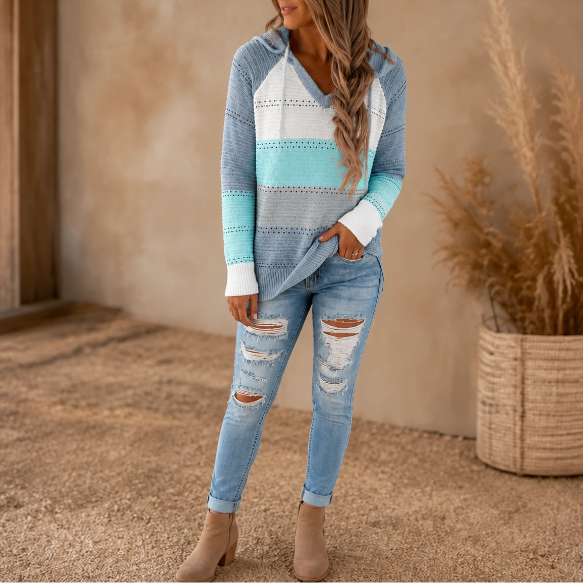 Women's Relaxed Hoodie | Striped Open-Knit Casual Hoodie - Sky Blue