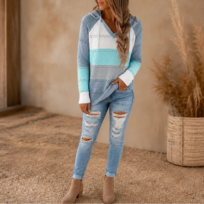 Women's Relaxed Hoodie | Striped Open-Knit Casual Hoodie - Sky Blue