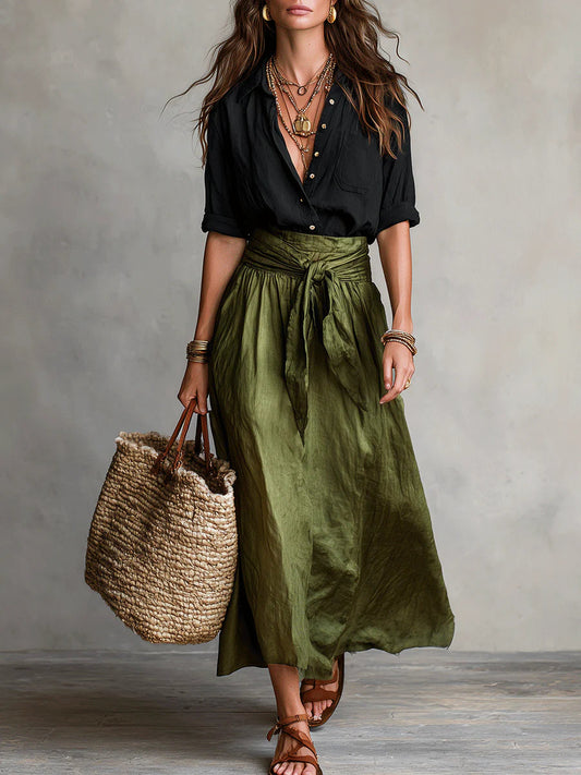 Women's Relaxed Two-Piece Set | Tie-Waist Midi Skirt Outfit - Black Green