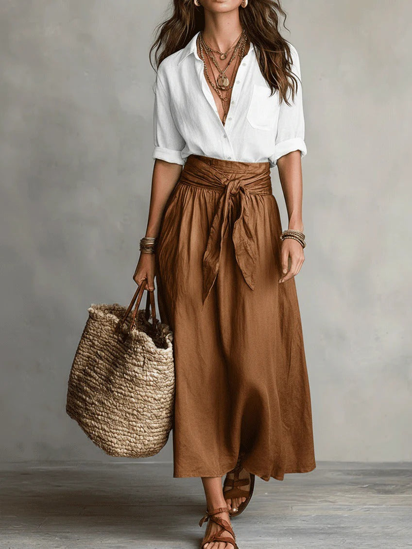 Women's Relaxed Two-Piece Set | Tie-Waist Midi Skirt Outfit - Brown