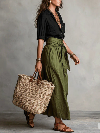 Women's Relaxed Two-Piece Set | Tie-Waist Midi Skirt Outfit