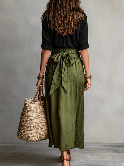 Women's Relaxed Two-Piece Set | Tie-Waist Midi Skirt Outfit