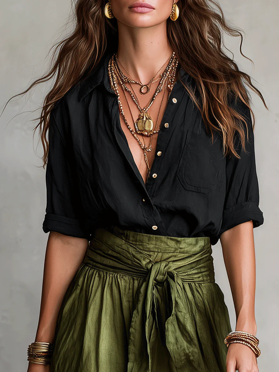 Women's Relaxed Two-Piece Set | Tie-Waist Midi Skirt Outfit