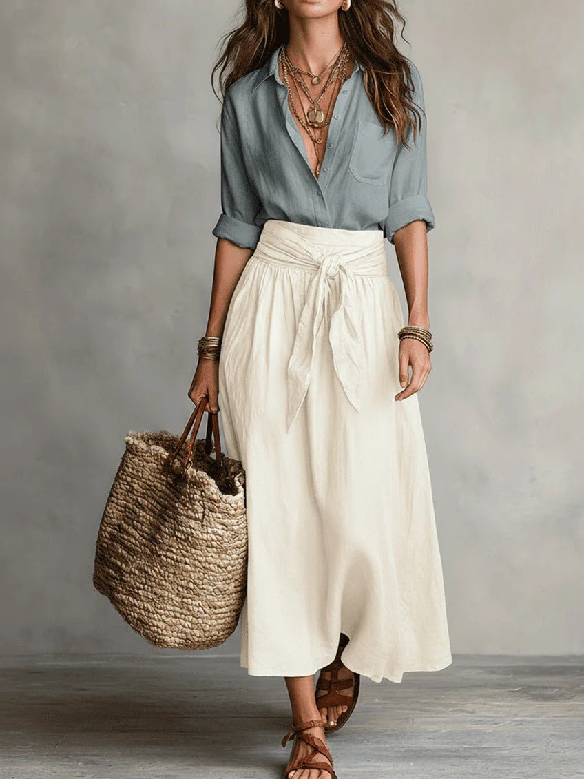 Women's Relaxed Two-Piece Set | Tie-Waist Midi Skirt Outfit - Light Blue