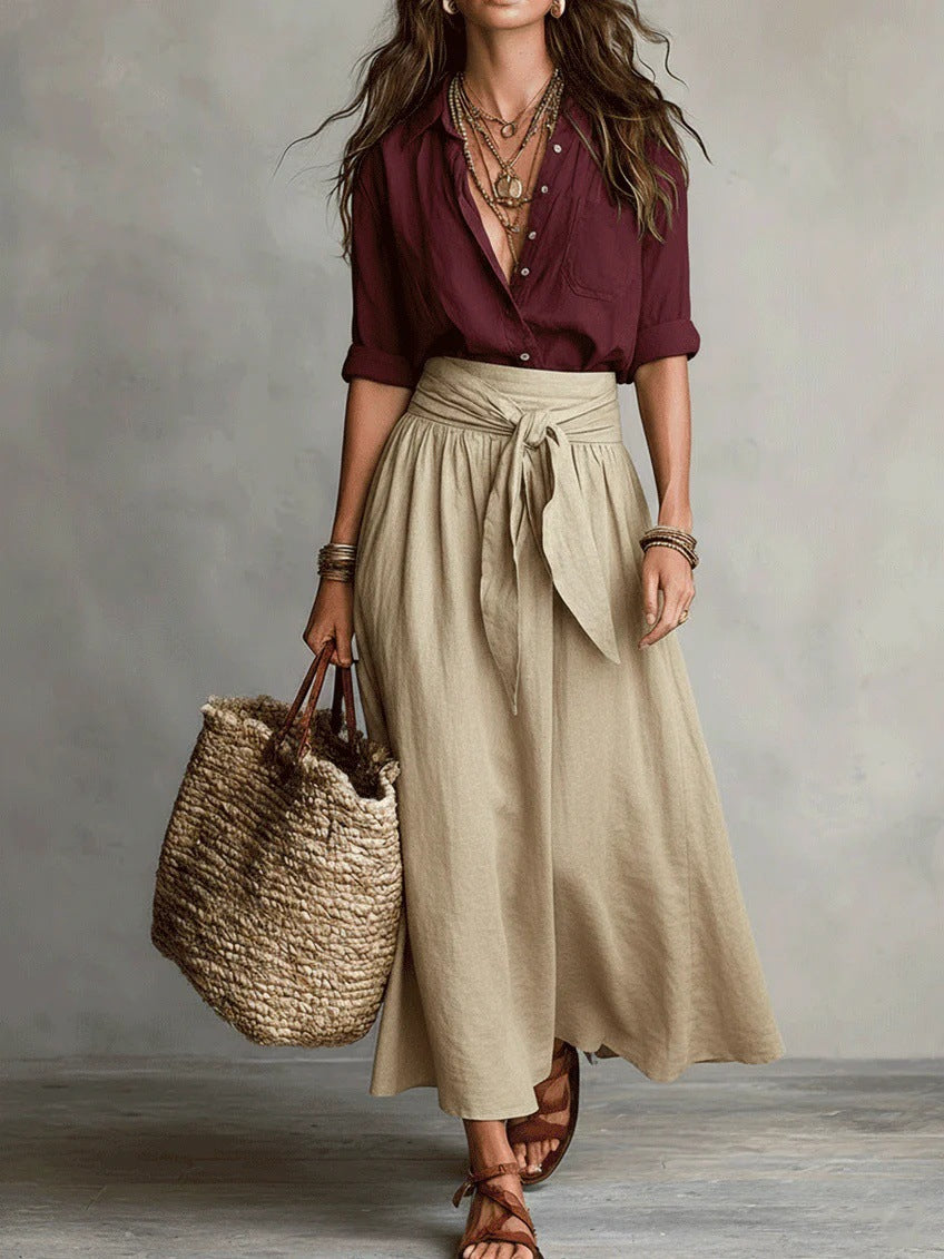 Women's Relaxed Two-Piece Set | Tie-Waist Midi Skirt Outfit - Red
