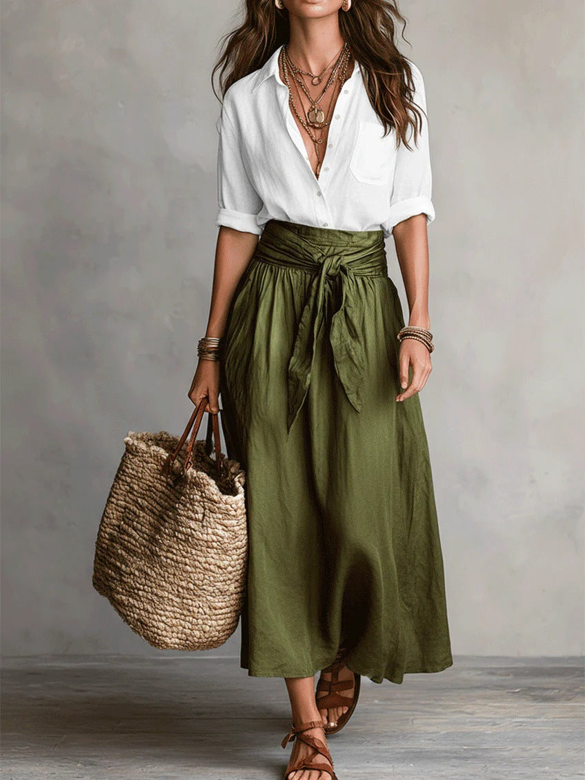 Women's Relaxed Two-Piece Set | Tie-Waist Midi Skirt Outfit - White