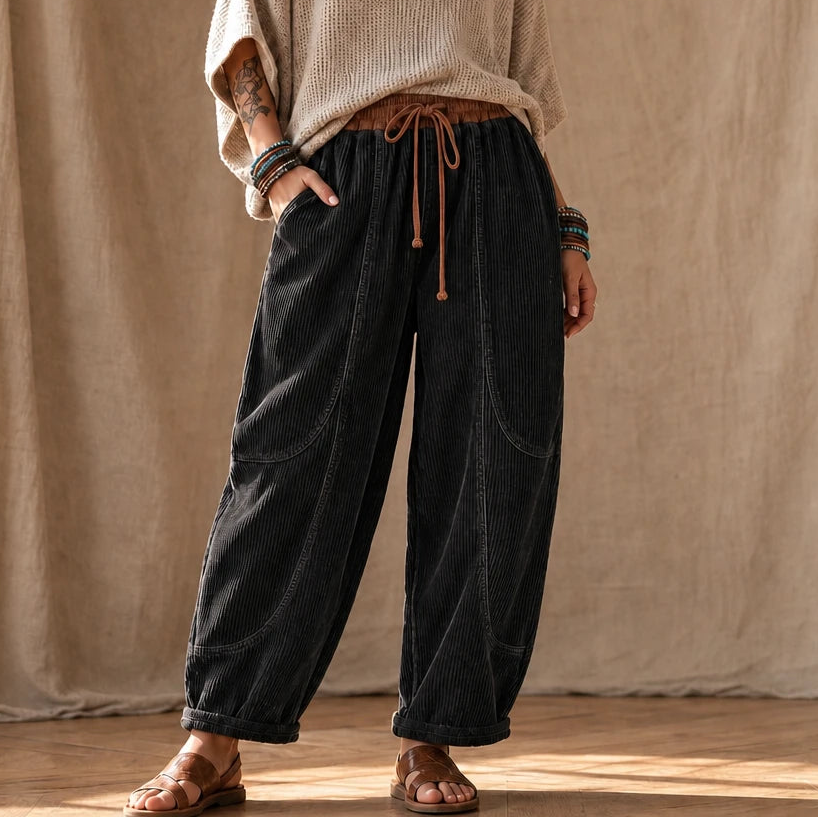 Women's Ribbed Corduroy Lantern Pants | Baggy Corduroy Pants - Black